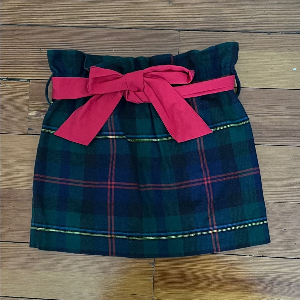 Girls Tartan Plaid Skirt with Elastic Waist and Red Self Tie Bow